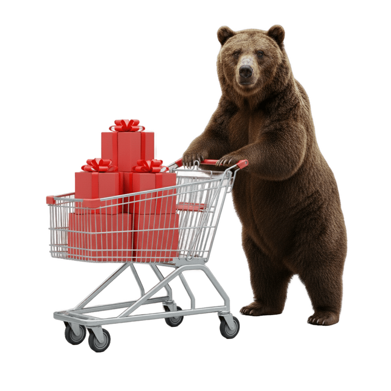 Медведь с продуктовой тележкой, полной красных подарков